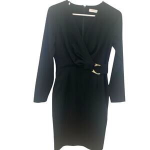 Calvin Klein Party Short Dress 8 Black Faux Wrap Sheath Silver Buckle  Cocktail